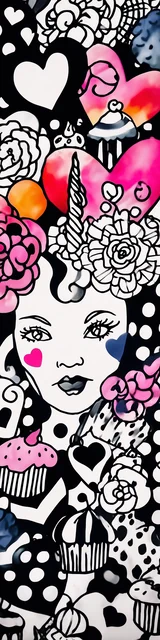 Free colorable bookmarks of a woman with hearts and cupcakes